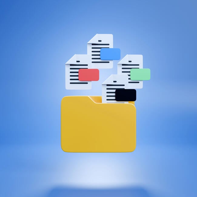 An illustration of a manila file folder with four document files hovering above it.