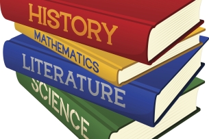 A stack of four textbooks with the words "History," "Mathematics," "Literature" and "Science" on each of their respective bindings.