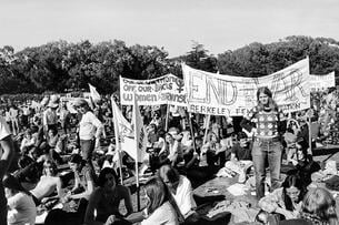 Black-and-white photo of an antiwar demonstration at Berkeley in the 1960s.