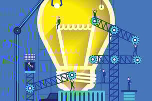 An illustration of a light bulb, signaling an idea, atop a truck, with construction scaffolding and people surrounding it. The illustration suggests idea building or the transfer of an idea to market.