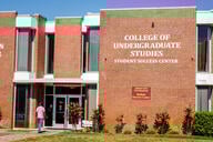 A student enters an academic building on campus at Bethune-Cookman University.