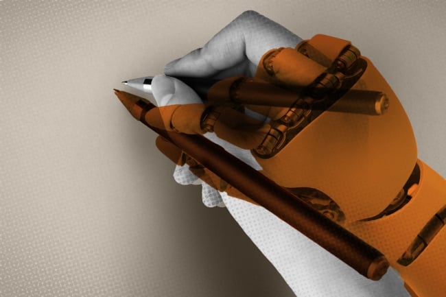 Half human, half robot hand writing with a pen