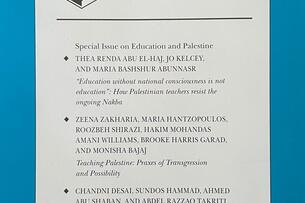 A photo of the back cover of a previous 'Harvard Educational Review' issue advertising a forthcoming special issue on education and Palestine, including the titles and authors of three featured forthcoming articles. The publisher subsequently canceled the planned special issue.