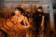 A photo illustration of students protesting against ICE and the ICE building layered together.