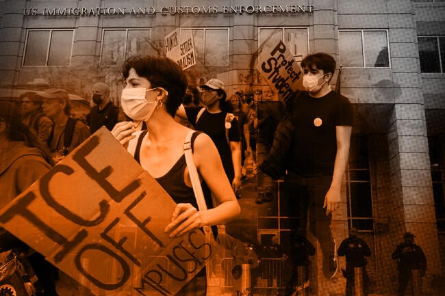 A photo illustration of students protesting against ICE and the ICE building layered together.