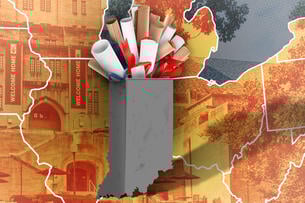 An illustration of a bunch of diplomas stuffed into a trash can in the shape of the state of Indiana. The background has a map of the United States and the University of Indiana overlaid in it.