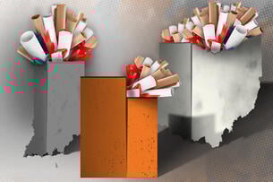 The outlines of Indiana, Utah and Ohio as trash cans full of diplomas.