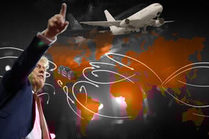 Photo illustration: President Donald Trump pointing with planes and a map of the world in the background. 