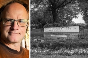 A photograph of James Bowley next to one of a sign saying Millsaps College.