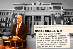A photo illustration consisting of a photo of Steven Lovett, Emporia State University's general counsel, superimposed over a photo of an Emporia State building. There's also an excerpt from House Bill 2348.