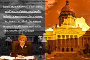 A photo illustration combining a photo of Kentucky House member Jennifer Decker and a photo of the Kentucky Capitol building with a quote from House Bill 4.