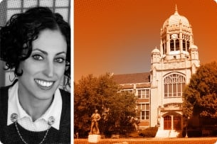 A photo illustration consisting of a photograph of Maura Finkelstein next to a photograph of Muhlenberg College's campus.