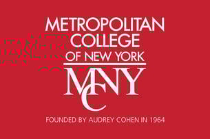 Metropolitan College of New York logo, white text on a red background
