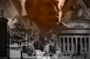 Photo illustration: President Trump looms over the Harvard University and Columbia University campuses.