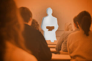 A lecturer is missing at the front of a classroom.