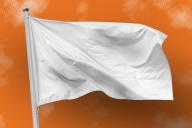 A white flag flies against an orange and white background