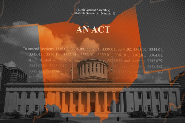 The Ohio capitol with an outline of the state and SB1 in the background.