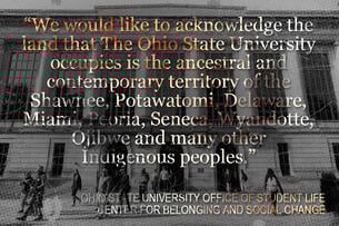 A quote over an image of the Ohio State University library building. 