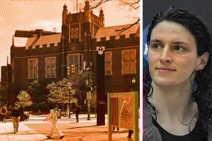 The campus of the University of Pennsylvania and a headshot of University of Pennsylvania swimmer Lia Thomas, a white woman with dark hair that is still wet, as she just got out of the pool.