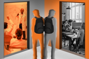 Two individuals, one orange and one gray, look into two doorways, one showing a classroom setting and another showing a workplace with people sitting at desks with desktop computers on them.