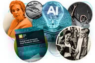 A collection of images around the 2025 College and University Chief Academic Officers report, U.S. Secretary of Education Linda McMahon, money, a lightbulb with "AI" inside, a student protester and a student talking with an adviser.