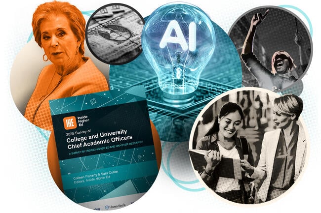 A collection of images around the 2025 College and University Chief Academic Officers report, U.S. Secretary of Education Linda McMahon, money, a lightbulb with "AI" inside, a student protester and a student talking with an adviser.