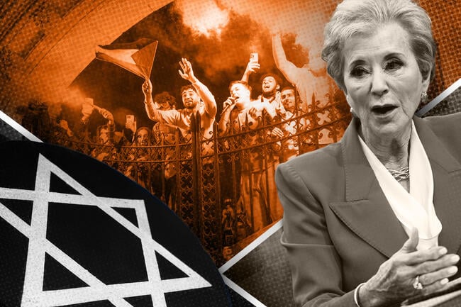 A combination of three images, a Star of David, protests on the Columbia University campus in 2024, and Education Secretary Linda McMahon.