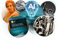 A collection of images around the 2025 College and University Chief Academic Officers report, U.S. Secretary of Education Linda McMahon, money, a lightbulb with "AI" inside, a student protester and a student talking with an adviser.