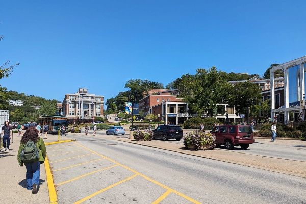 A photograph outside West Virginia University’s Mountainlair student union.