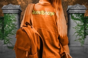 Student with a backpack and the word QuestBridge on her shirt