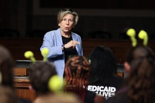 President of American Federation of Teachers Randi Weingarten speaks to members of MomsRising.