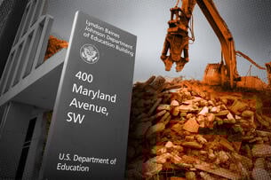 An illustration of the Department of Education building being torn down.