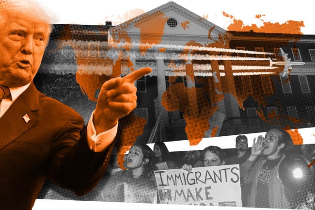Photo illustration: President Donald Trump pointing over a college building with a map of the world with an airplane and student protesting.