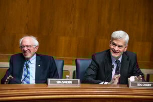 Ranking member Bernie Sanders sitting next to Chairman Bill Cassidy during a break in testimony.