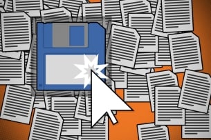 A photo illustration of a cursor clicking a floppy disk "save" icon, with illustrations of documents in the background.