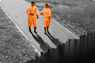 A photo illustration showing two scientists walking down a path toward a cliff.
