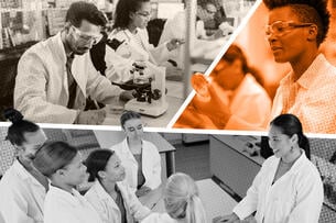 Three photos of people woking in labratory settings. 