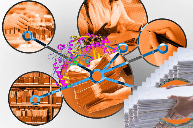 A web of images connecting the idea of producing scientific fraud at scale.