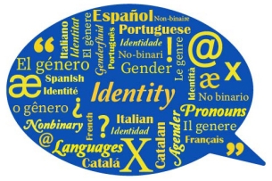 A blue speech bubble filled with the names of different Romance languages and words including "gender," "pronouns," "identity" and "nonbinary" in different languages.