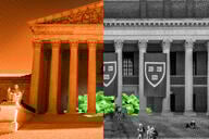 The U.S. Supreme Court building and the Harvard University library side by side with a pile of money across both.