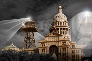 An illustration of the Texas capitol building with lookout towers attached to it scanning the area with searchlights.