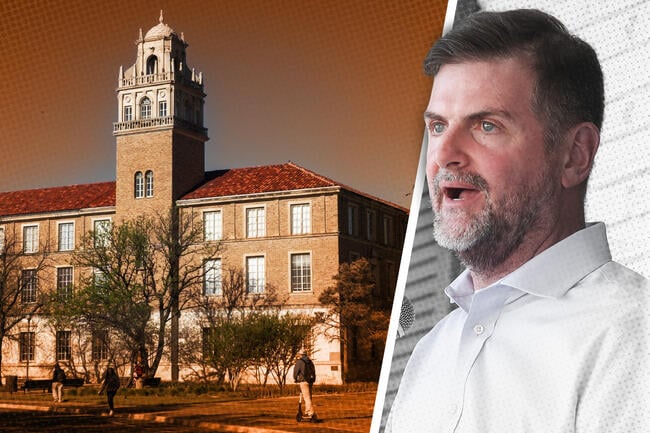 A campus shot of Texas Tech University and a portrait of Texas State Senator Brandon Creighton.