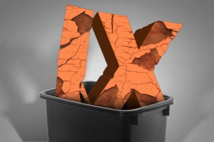 An illustration showing the letters I and X in a trash can