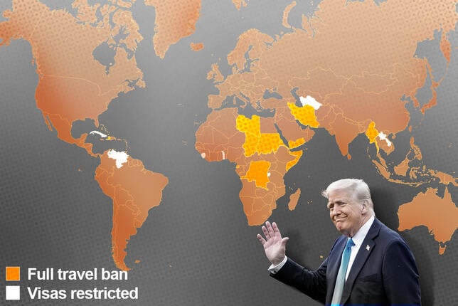 President Donald Trump in front of a map of the world.
