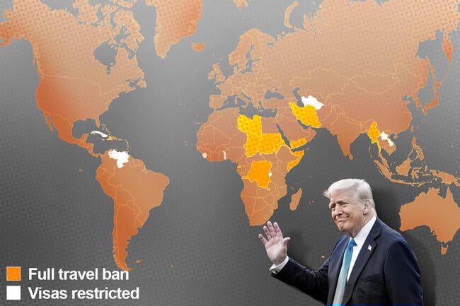 President Donald Trump in front of a map of the world.