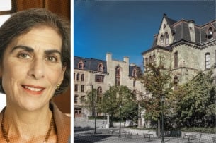 A photo illustration containing a photo of Amy Wax on the left and a photo of the University of Pennsylvania campus on the right.