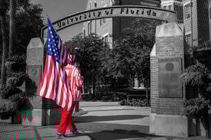 Uncle Sam walks through the gates of the University of Florida.