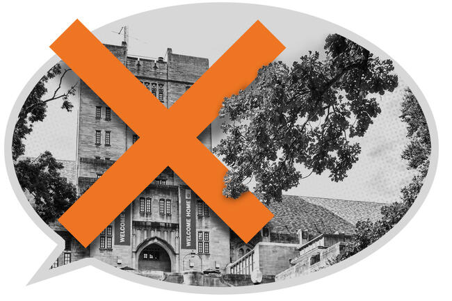 A speech bubble with the Indiana University Bloomington campus with an X over it.