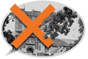 A speech bubble with the Indiana University Bloomington campus with an X over it.