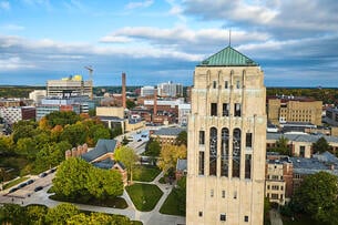 Aerial View of Burton Memorial Tower Amidst Urban Landscape, University of Michigan, Ann Arbor